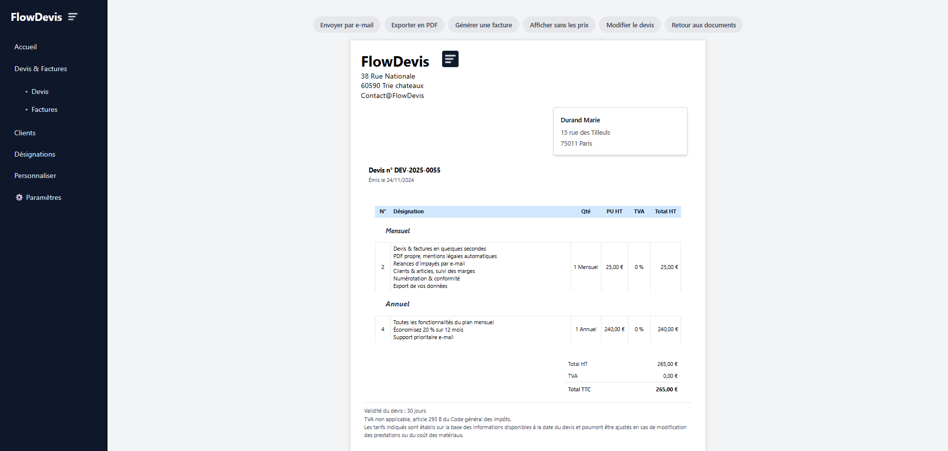 Aperçu d’un devis FlowDevis prêt à être envoyé en PDF