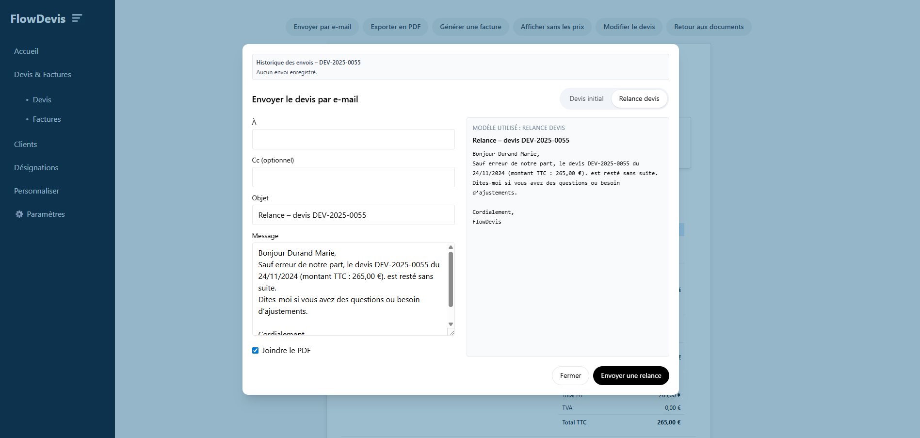 Suivi des paiements et relances dans FlowDevis
